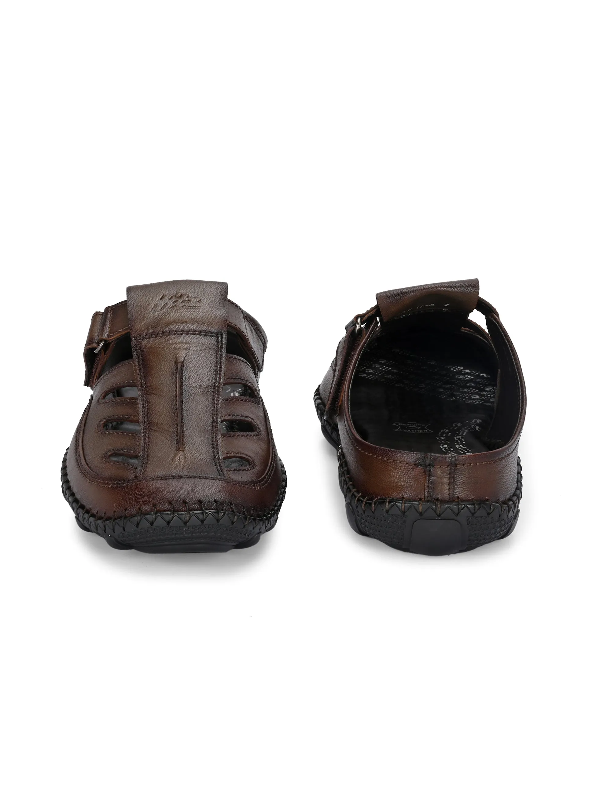 Hitz Men's Brown Leather Casual Daily Wear Velcro Sandals