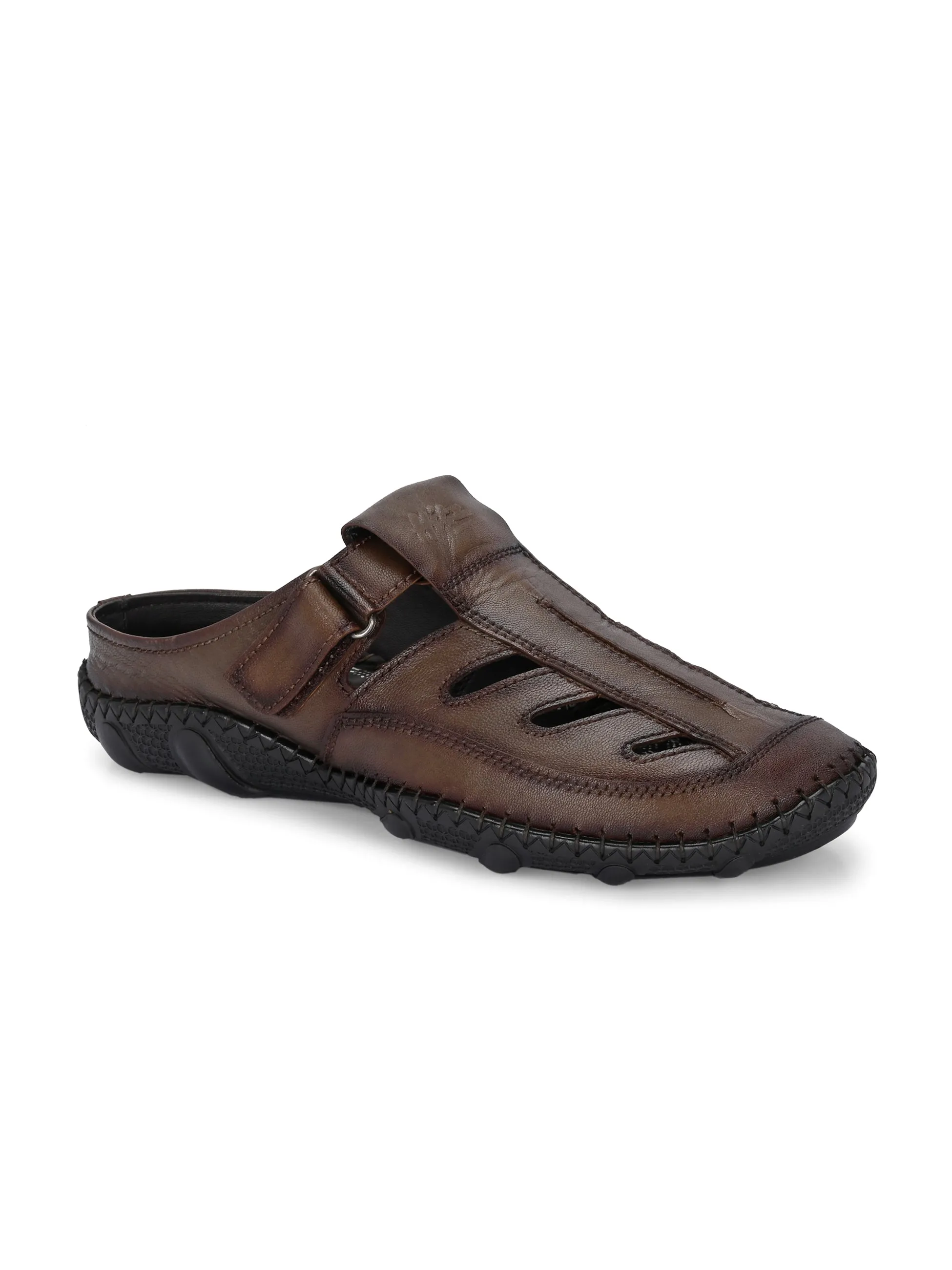 Hitz Men's Brown Leather Casual Daily Wear Velcro Sandals