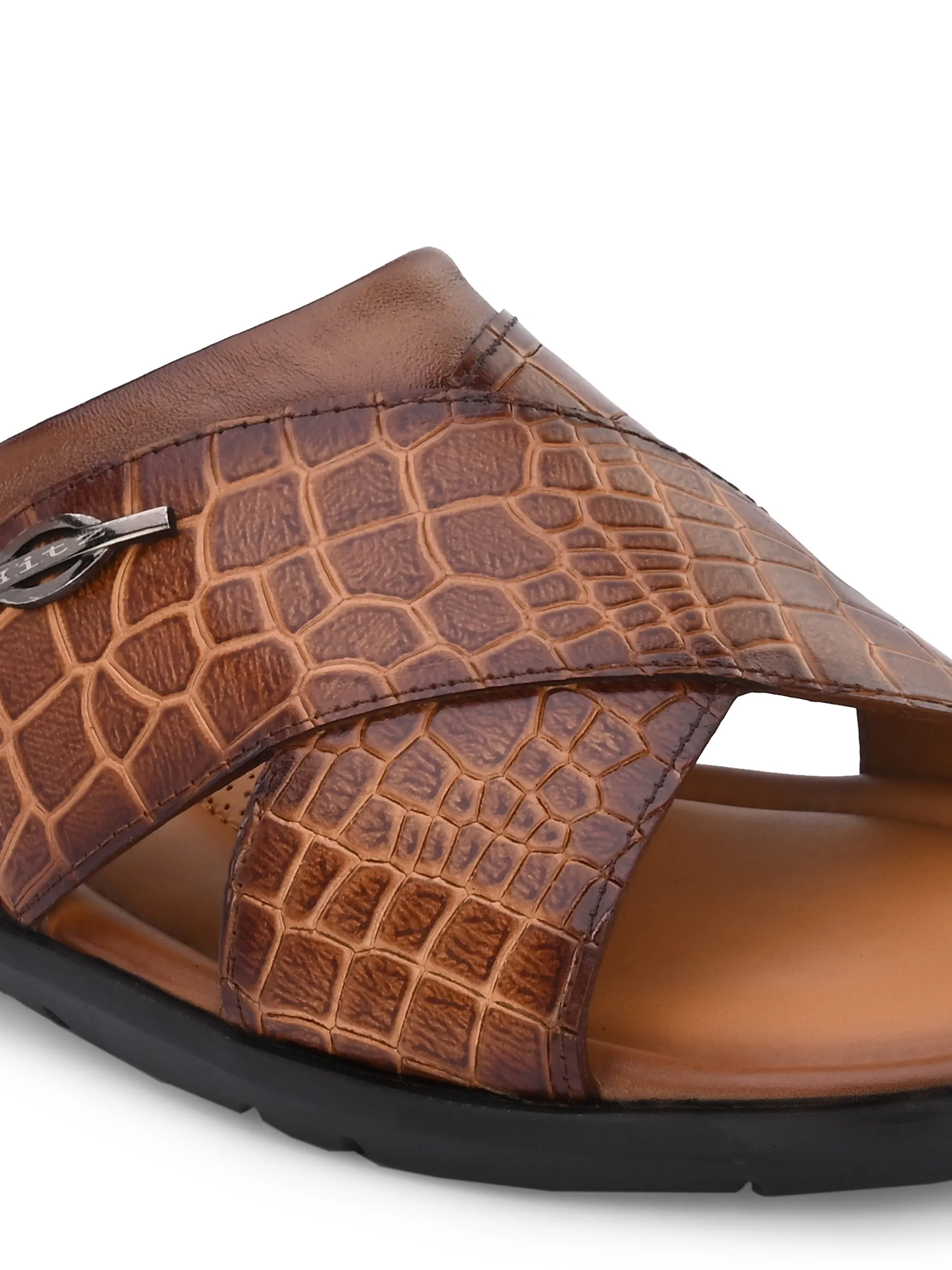 Hitz Men's Tan Leather Open Toe Slippers
