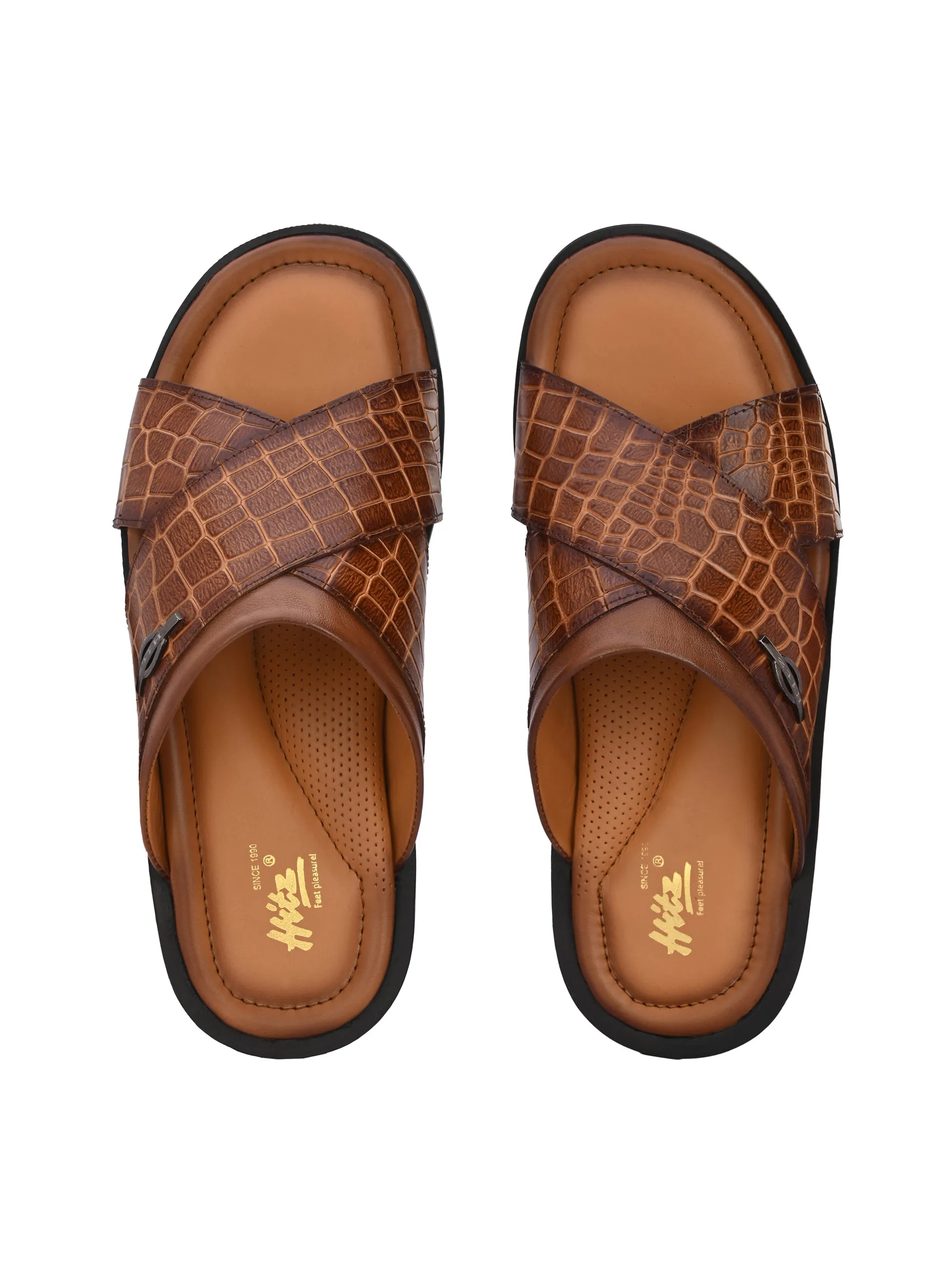 Hitz Men's Tan Leather Open Toe Slippers