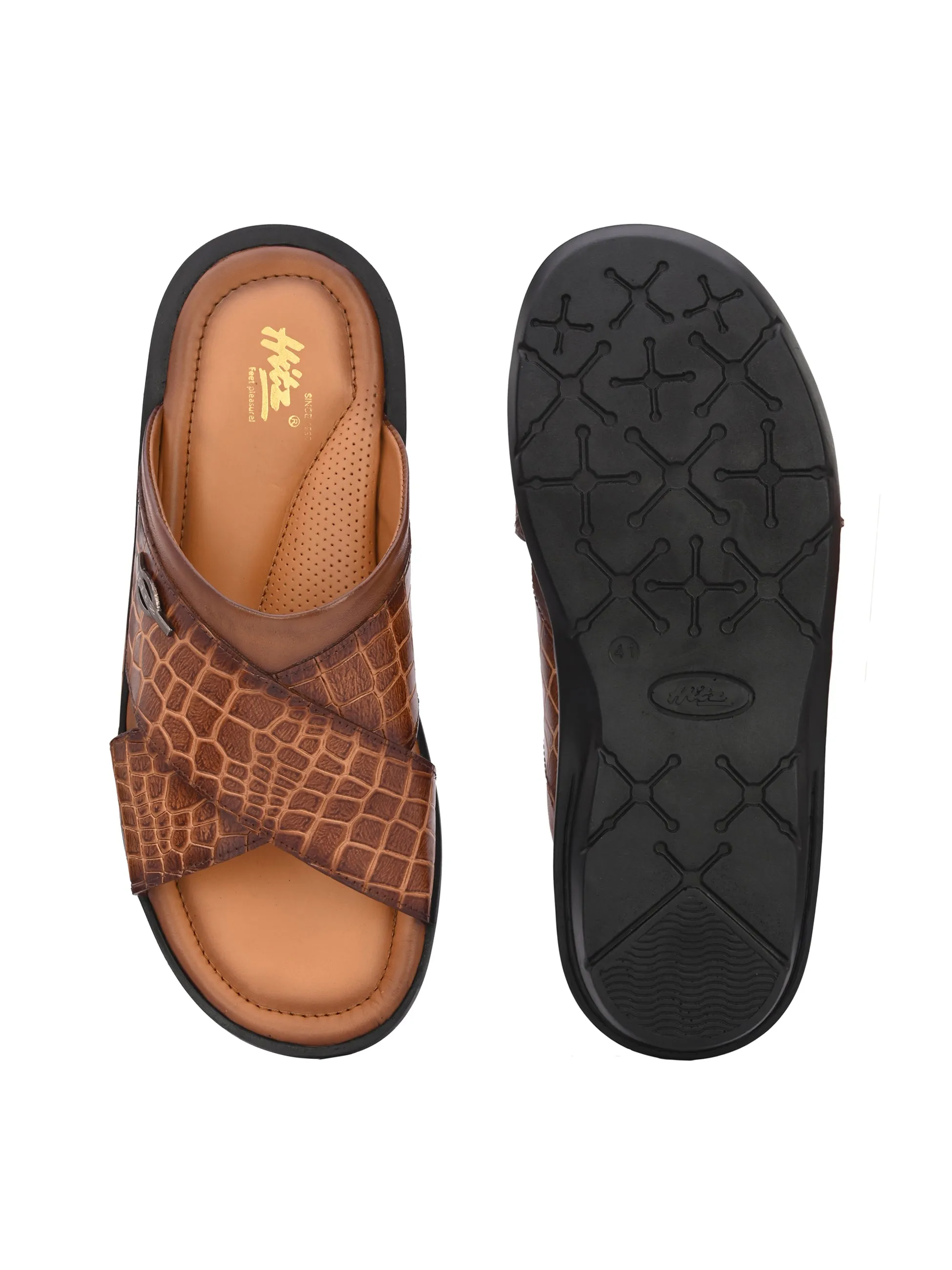 Hitz Men's Tan Leather Open Toe Slippers