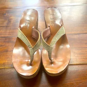 K Jacques St. Tropez Diorite gold scale thong platforms wedge