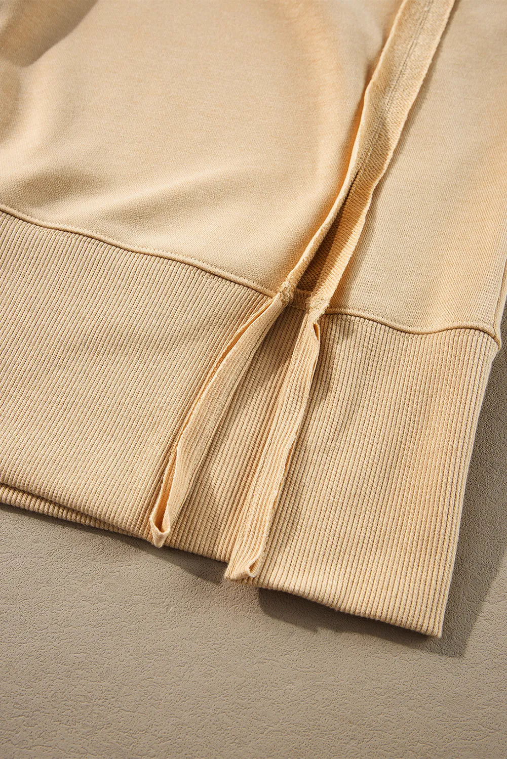 Light French Beige Exposed Seam Drop Shoulder Round Neck Sweatshirt with Slits