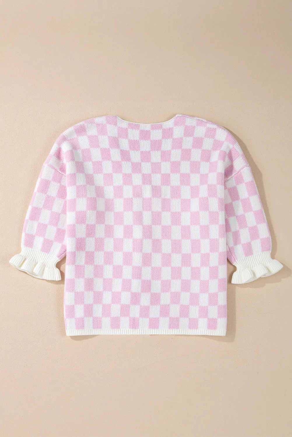 Light Pink Checkered Knitted Lace-up Ruffled 3/4 Sleeve Cardigan