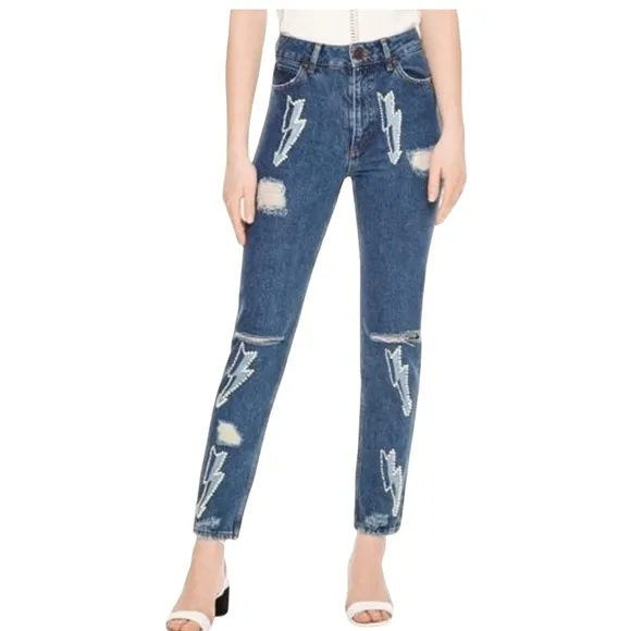 Like New Sandro size 40 Rebecca lightning bolt graphic ripped Pearl jeans size 8