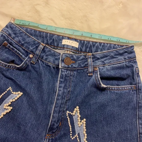 Like New Sandro size 40 Rebecca lightning bolt graphic ripped Pearl jeans size 8