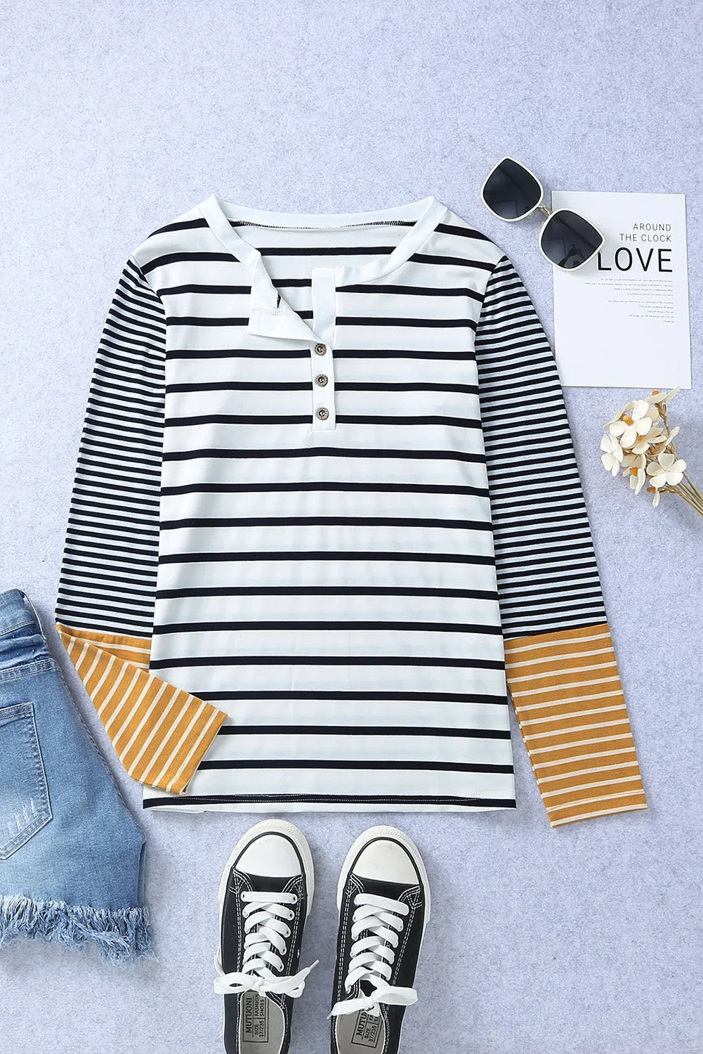 Long Sleeve Stripe Button Henley Top