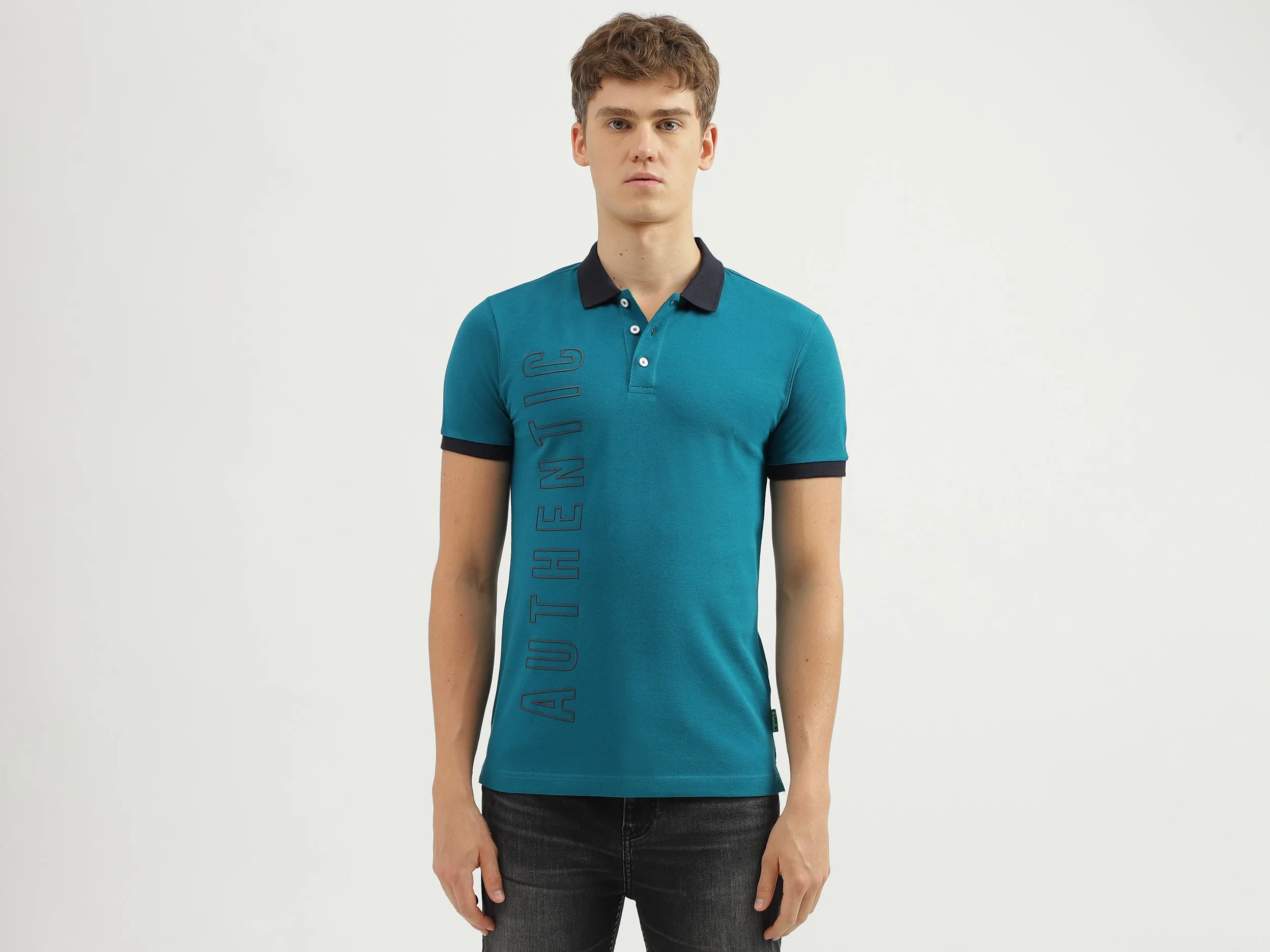 Men's Regular Fit Polo Neck Applique T-shirt