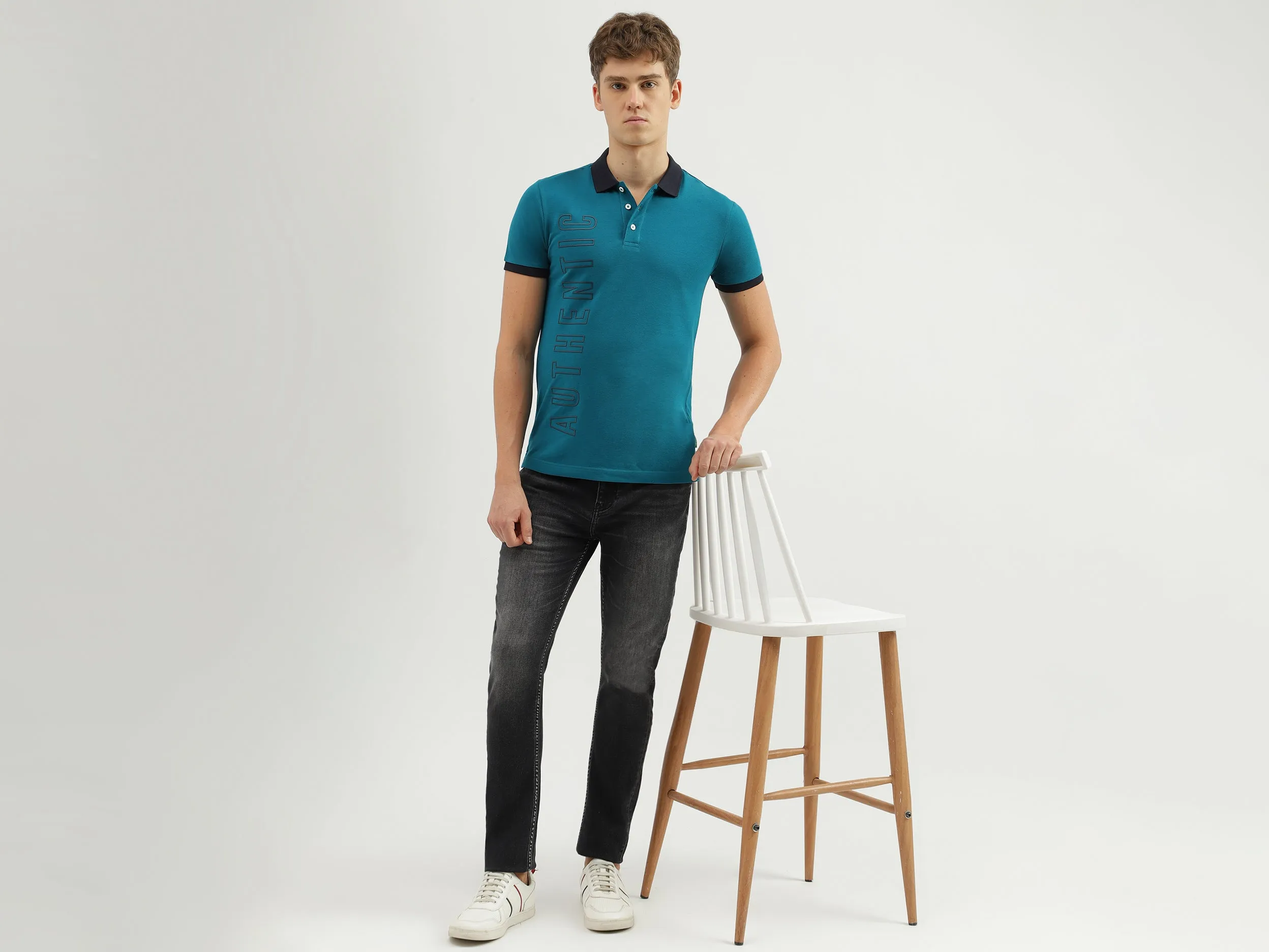 Men's Regular Fit Polo Neck Applique T-shirt