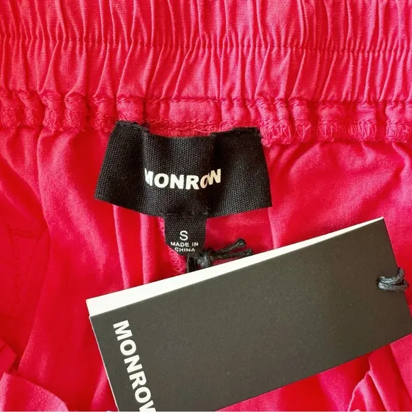 Monrow Poplin Paperbag Waist Shorts in Fire Coral Pink | NWT
