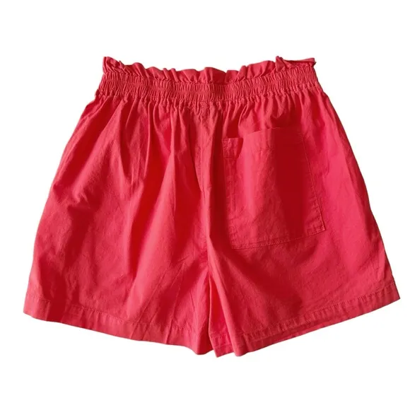 Monrow Poplin Paperbag Waist Shorts in Fire Coral Pink | NWT