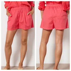 Monrow Poplin Paperbag Waist Shorts in Fire Coral Pink | NWT
