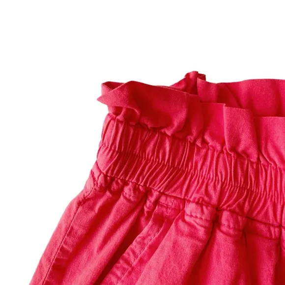 Monrow Poplin Paperbag Waist Shorts in Fire Coral Pink | NWT