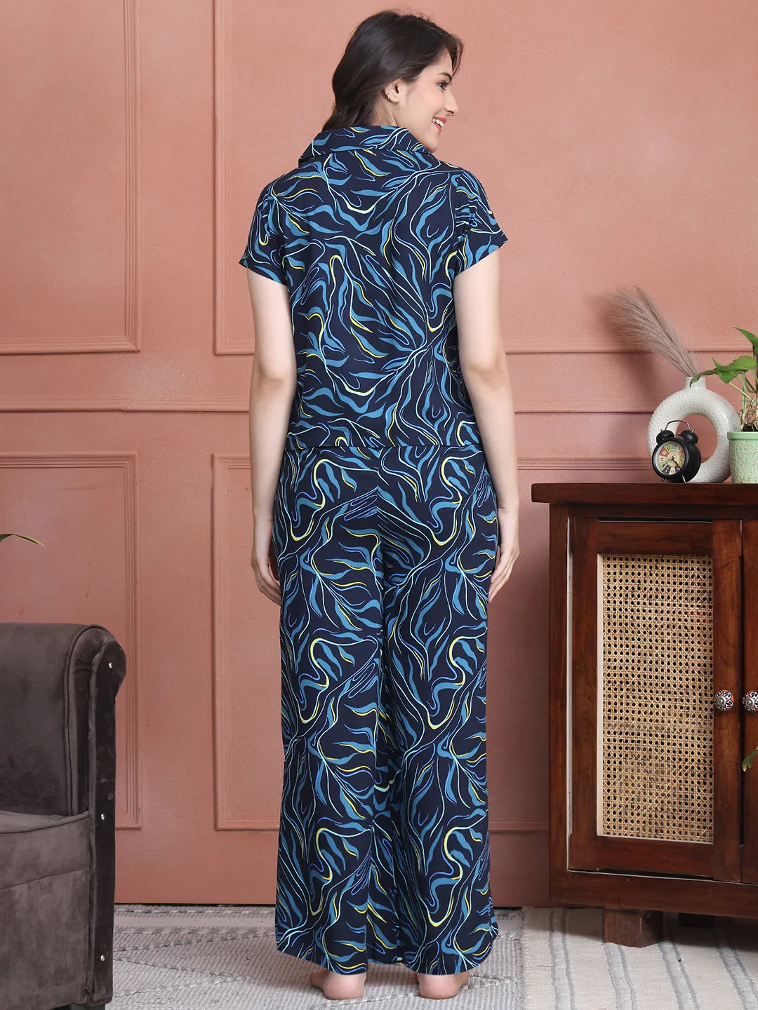 Navy Colour Abstract Printed Viscose Rayon Night Suit