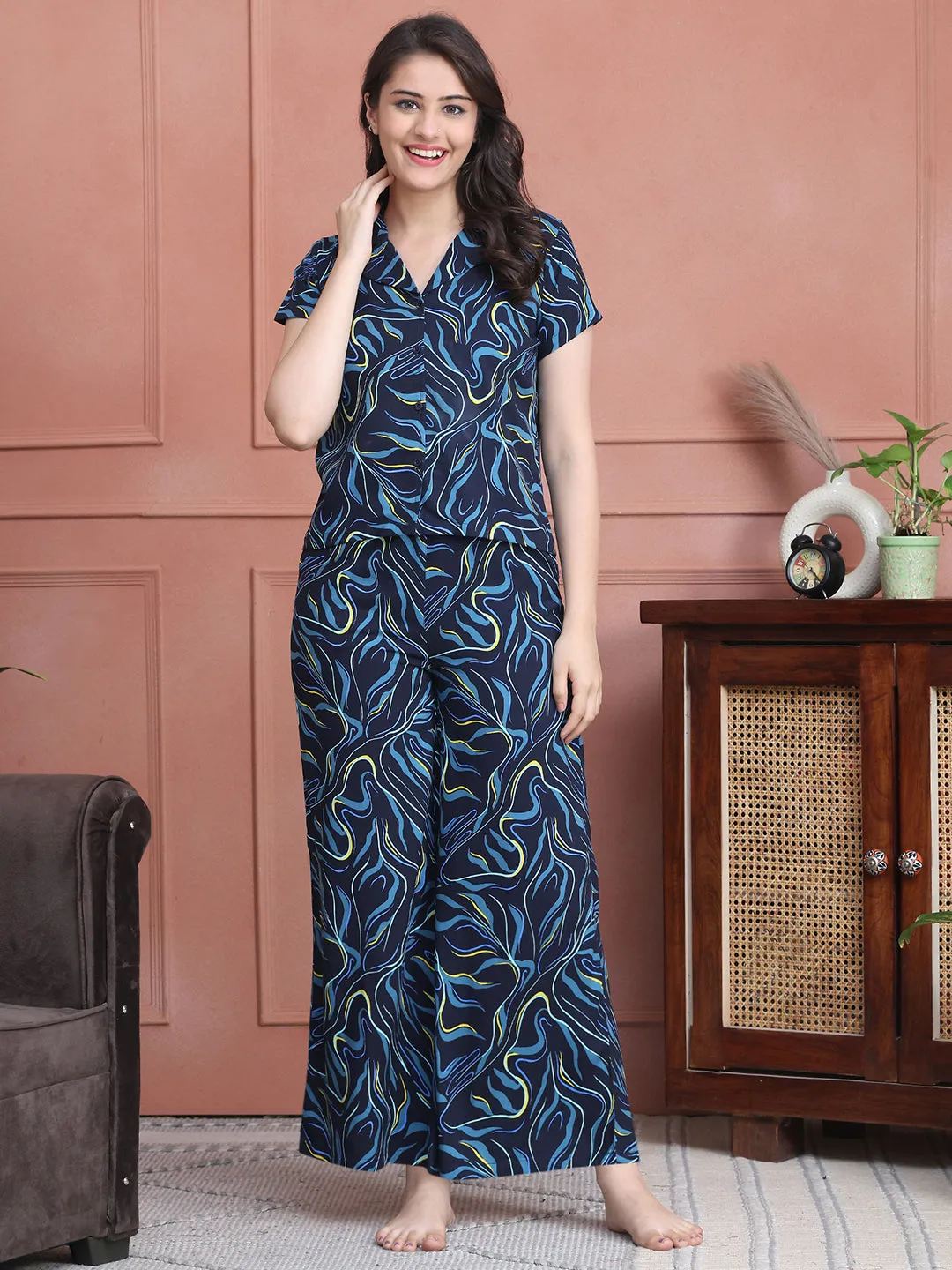 Navy Colour Abstract Printed Viscose Rayon Night Suit