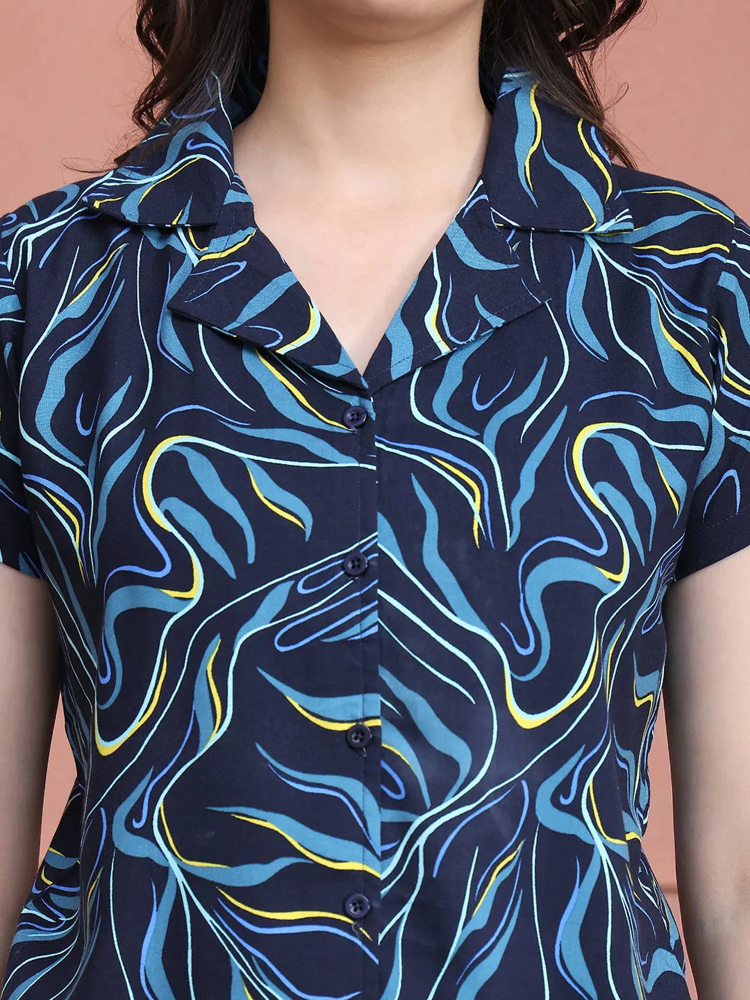 Navy Colour Abstract Printed Viscose Rayon Night Suit