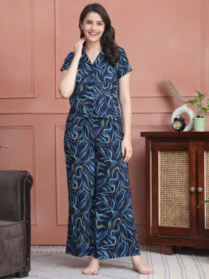 Navy Colour Abstract Printed Viscose Rayon Night Suit