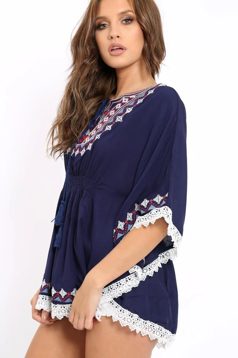 Navy Embroidered Crochet Trim Kaftan - Kayda