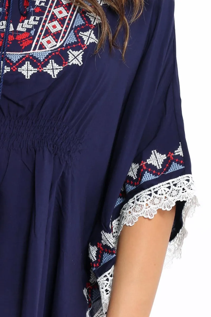 Navy Embroidered Crochet Trim Kaftan - Kayda