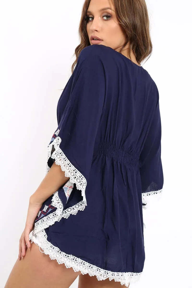 Navy Embroidered Crochet Trim Kaftan - Kayda