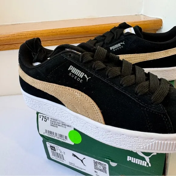 NWT Puma Women’s Suede Classic T7 Sneakers in sand tan beige / black / white