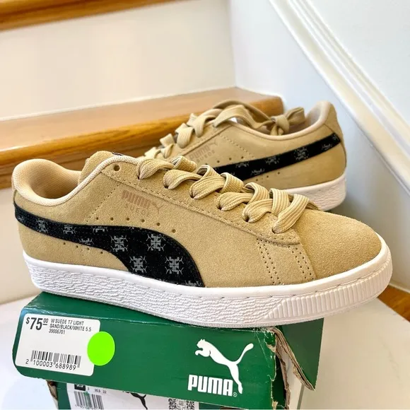 NWT Puma Women’s Suede Classic T7 Sneakers in sand tan beige / black / white