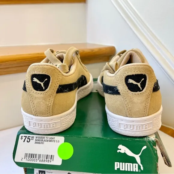 NWT Puma Women’s Suede Classic T7 Sneakers in sand tan beige / black / white