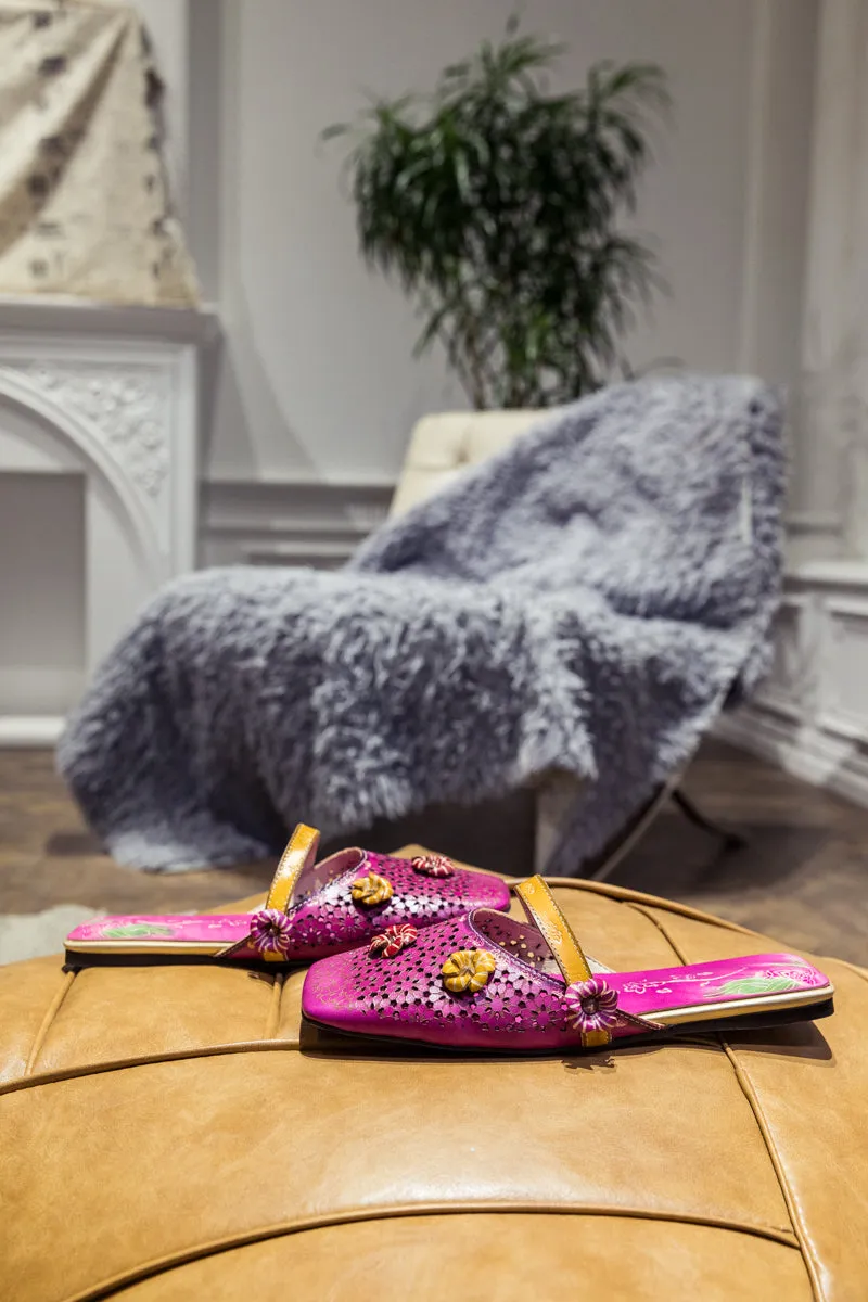 Perforated Floral Appliqued Leather Sandal - Purple