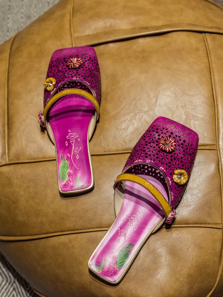 Perforated Floral Appliqued Leather Sandal - Purple