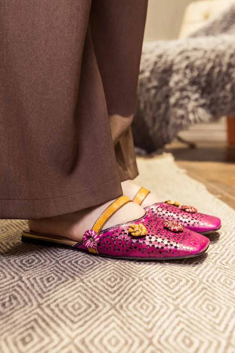 Perforated Floral Appliqued Leather Sandal - Purple