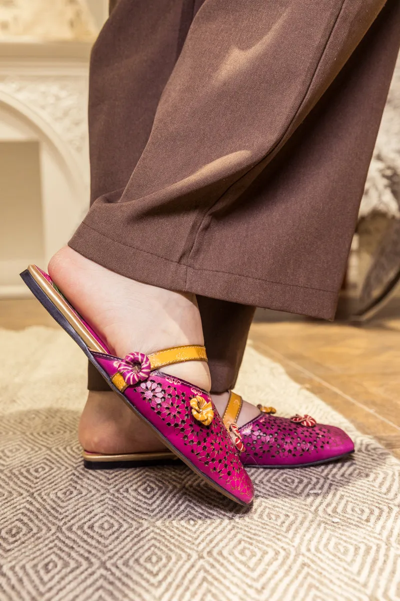 Perforated Floral Appliqued Leather Sandal - Purple