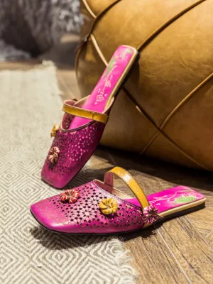 Perforated Floral Appliqued Leather Sandal - Purple