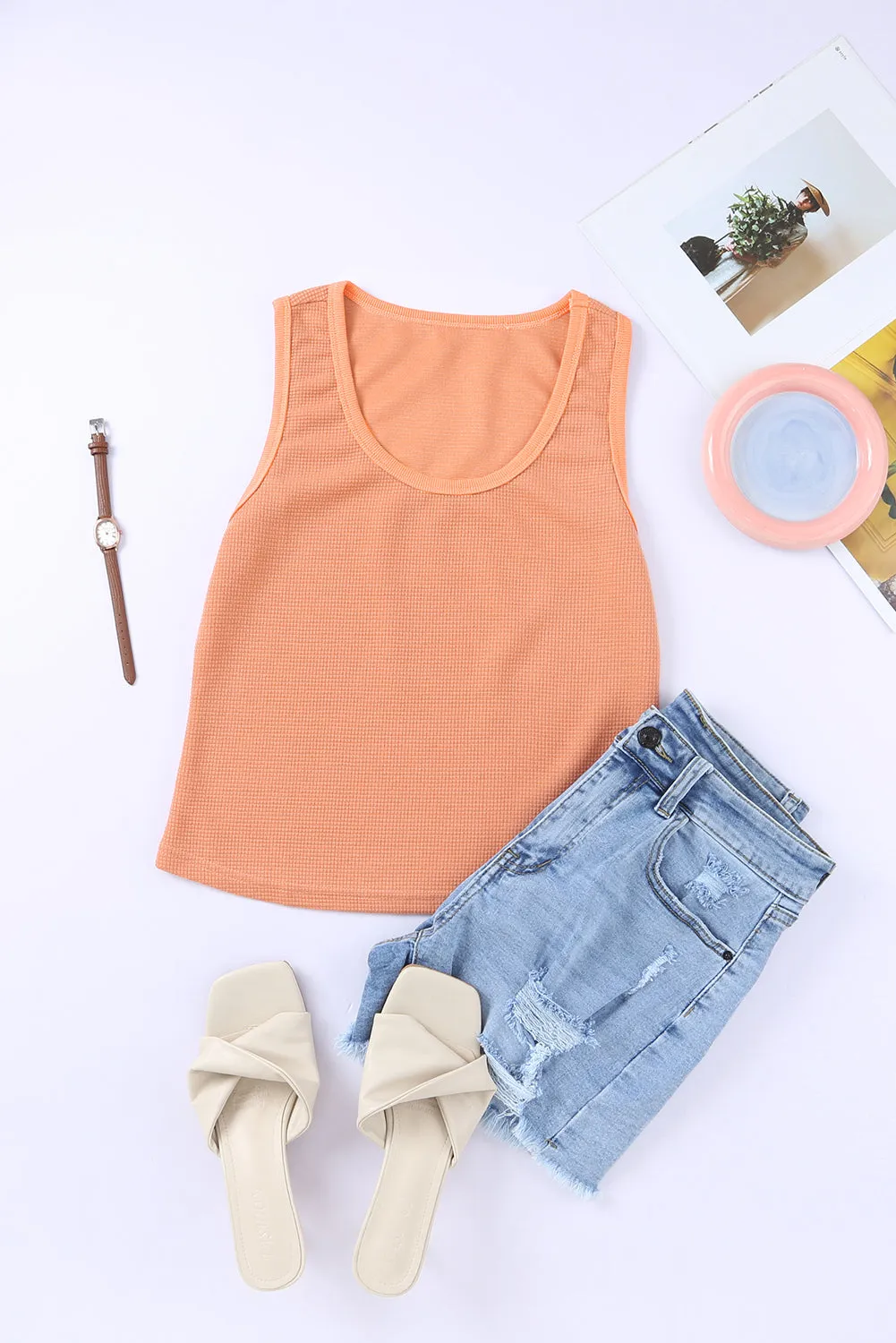 Plain Waffle Knit U Neck Tank Top