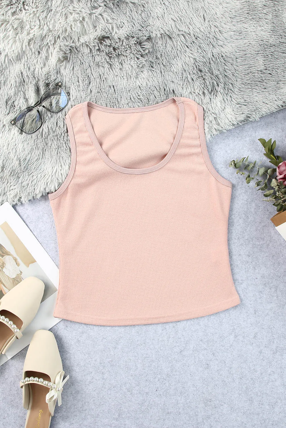 Plain Waffle Knit U Neck Tank Top