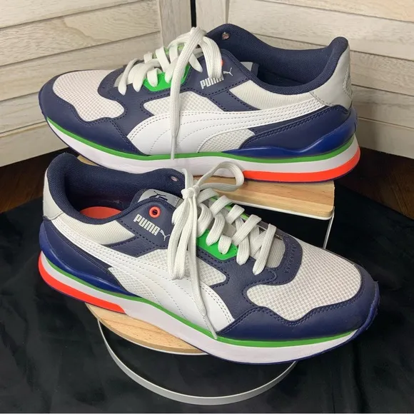 Puma R78 Futr Retro White and Peacoat Blue Wide Fit Sneaker Shoes Like New
