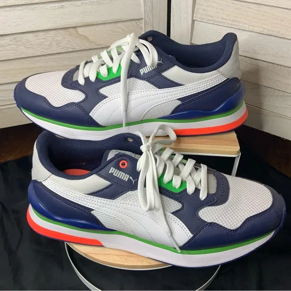 Puma R78 Futr Retro White and Peacoat Blue Wide Fit Sneaker Shoes Like New
