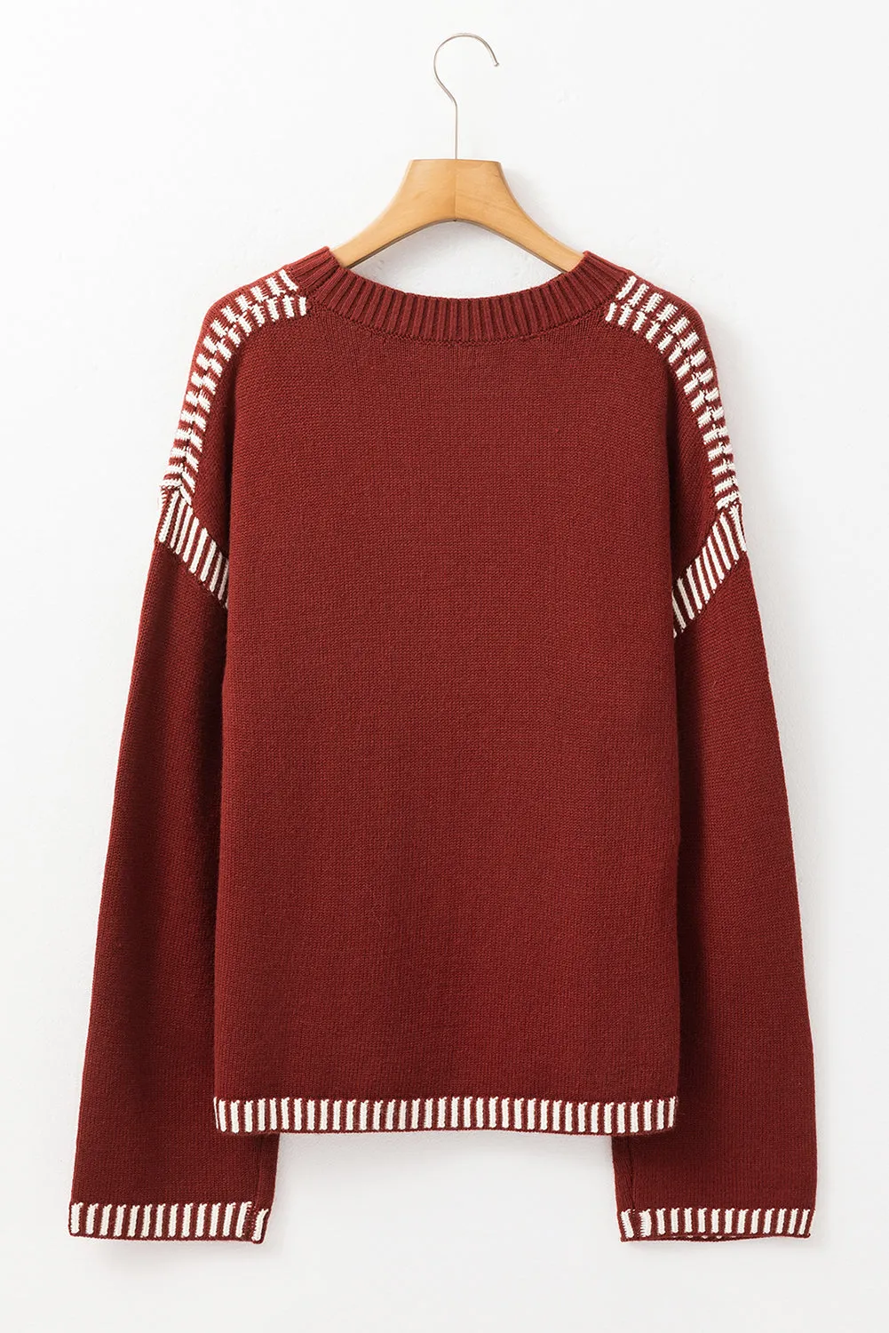 Red Dahlia Color Contrast Trim Drop Shoulder Crew Neck Sweater