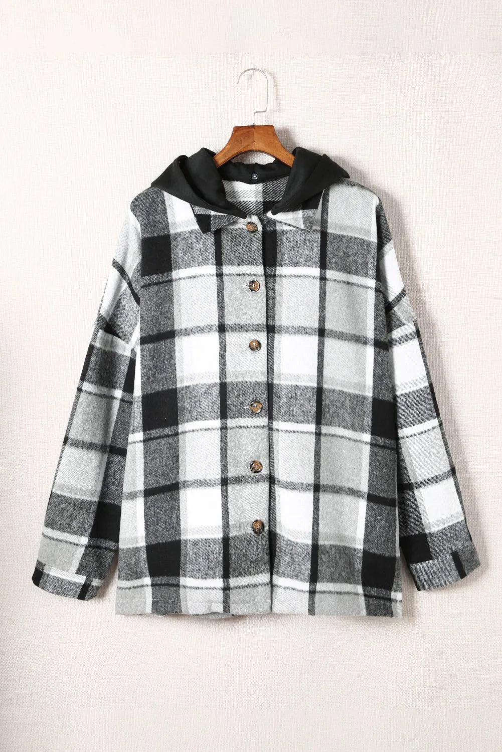 Red Hooded Plaid Button Front Shacket
