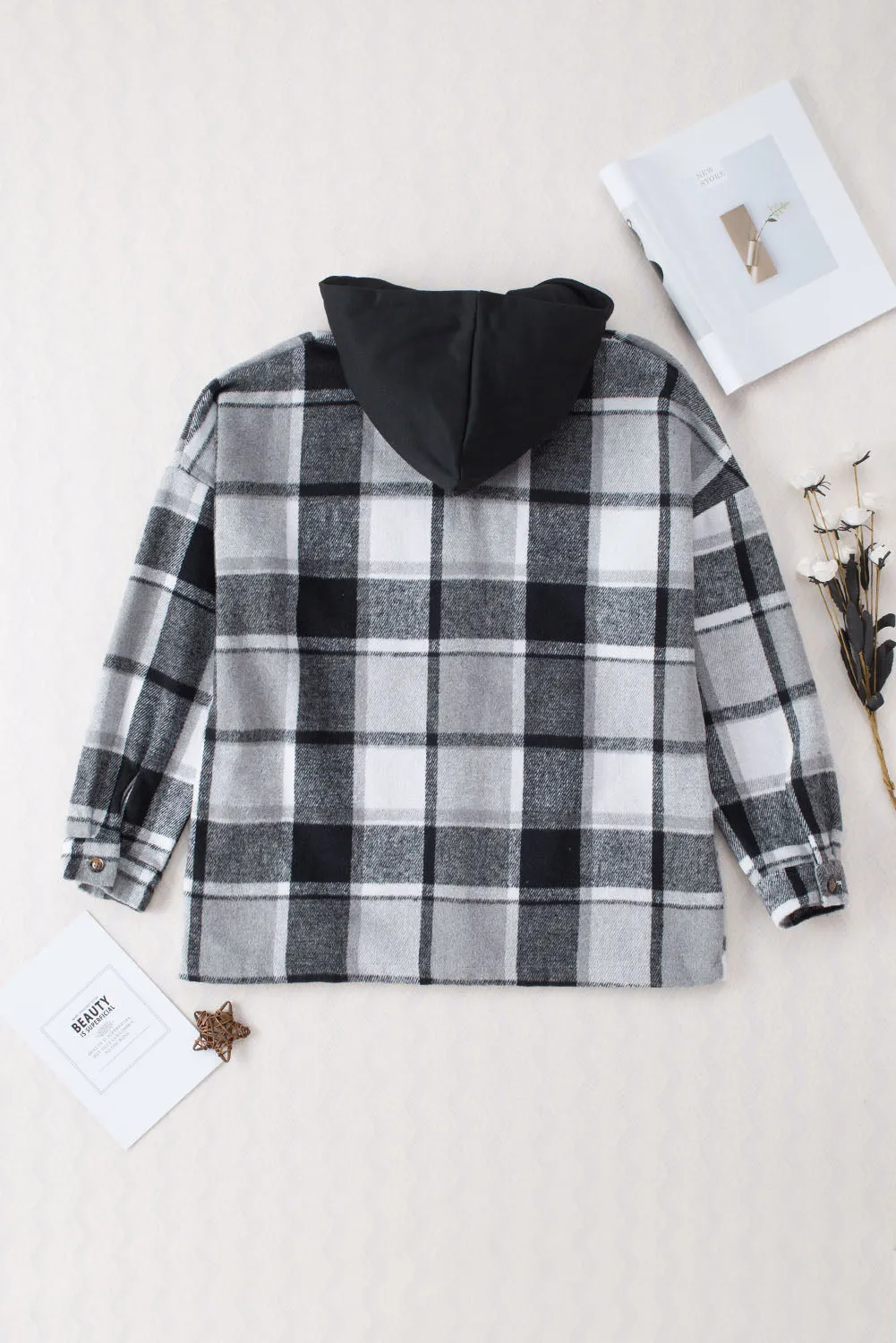 Red Hooded Plaid Button Front Shacket