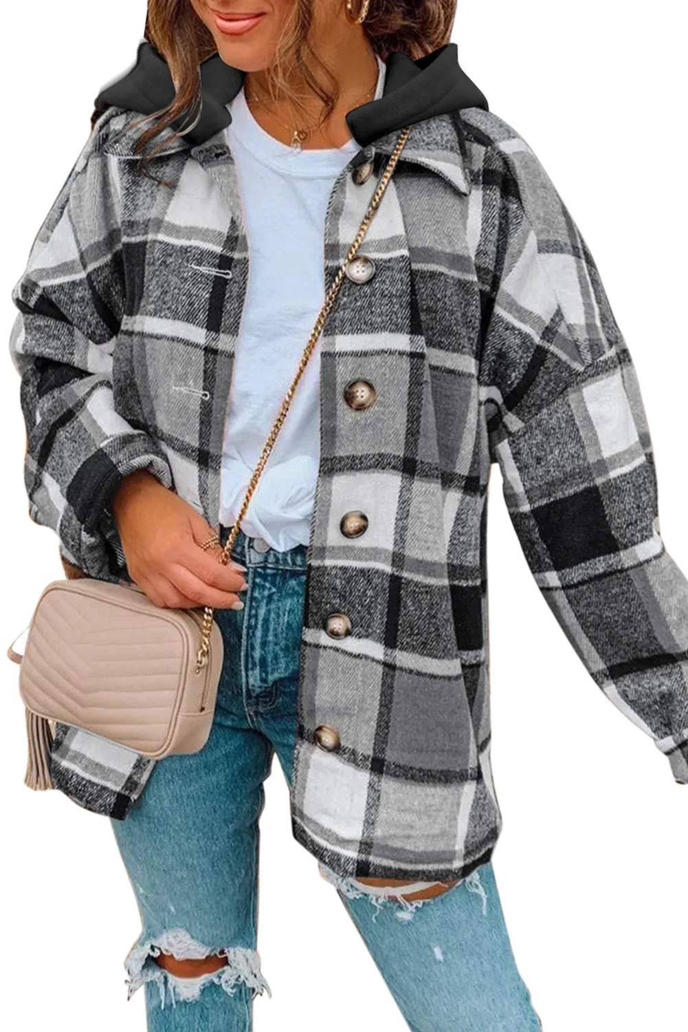 Red Hooded Plaid Button Front Shacket