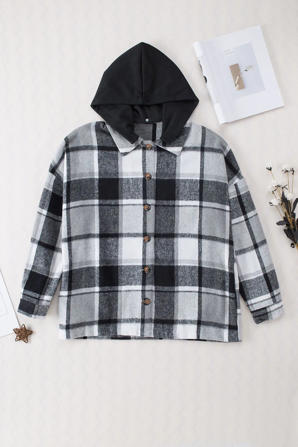 Red Hooded Plaid Button Front Shacket