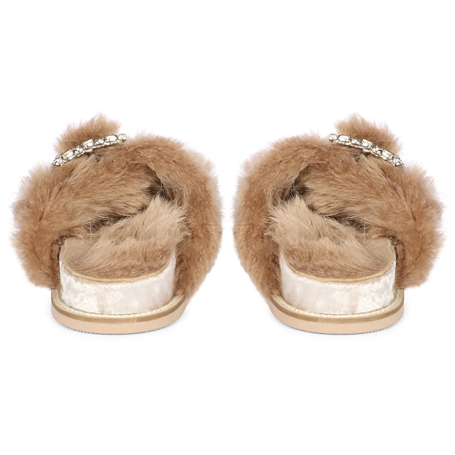 Saint Gemma Crystal Buckle Beige Fur Snug Sandals