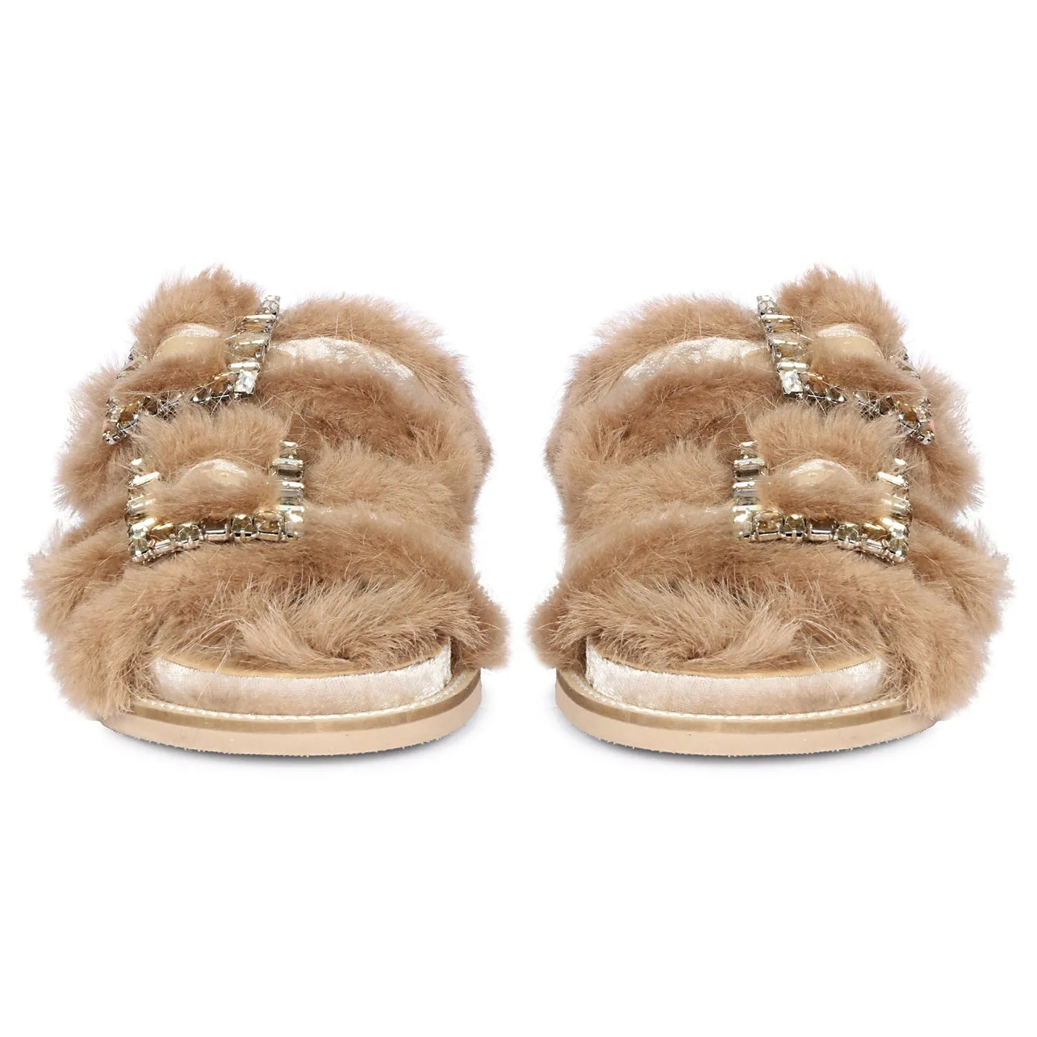 Saint Gemma Crystal Buckle Beige Fur Snug Sandals