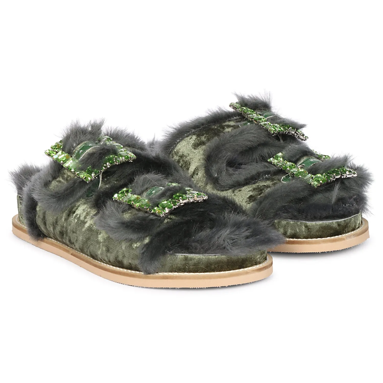 Saint Gemma Crystal Buckle Pastel Green Fur Snug Sandals