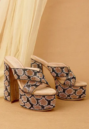 Sinful High Platform Patterned Diamante Slides