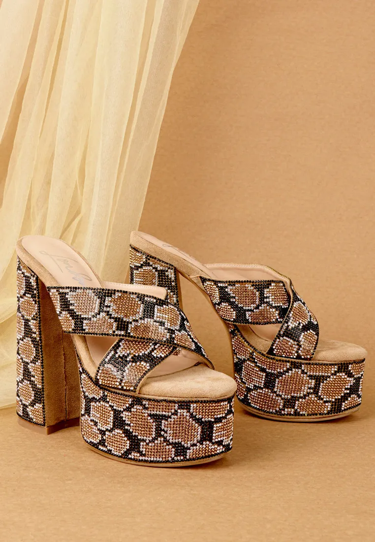 Sinful High Platform Patterned Diamante Slides