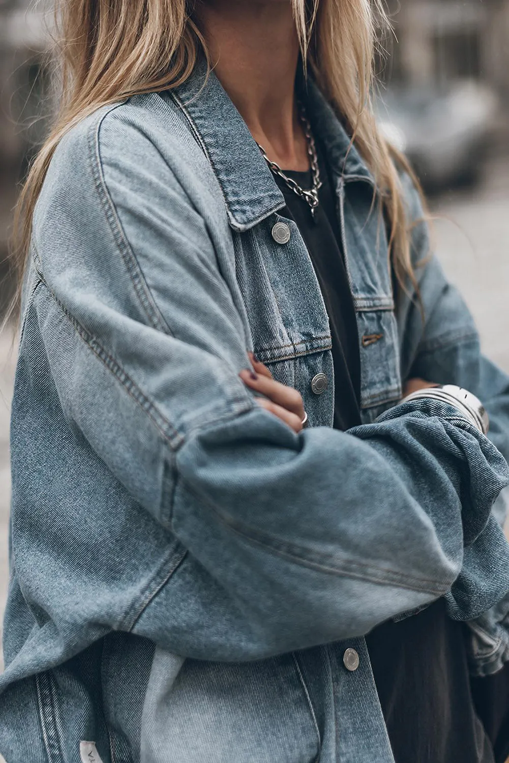 Sky Blue Metal Buttons Flap Pocket Drop Shoulder Denim Jacket