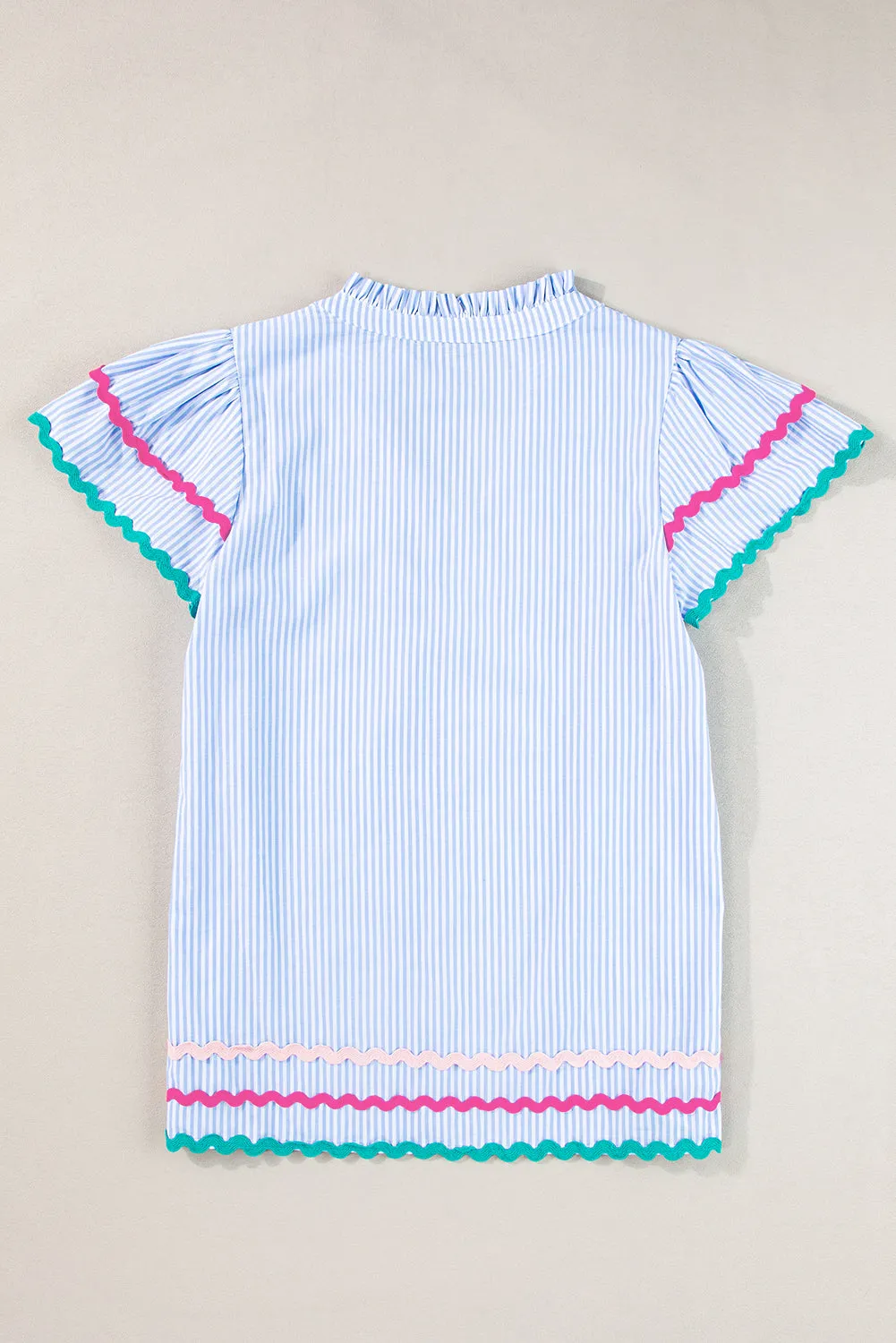 Sky Blue Stripe Ricrac Trim Split Neck Striped Ruffled Sleeve Blouse