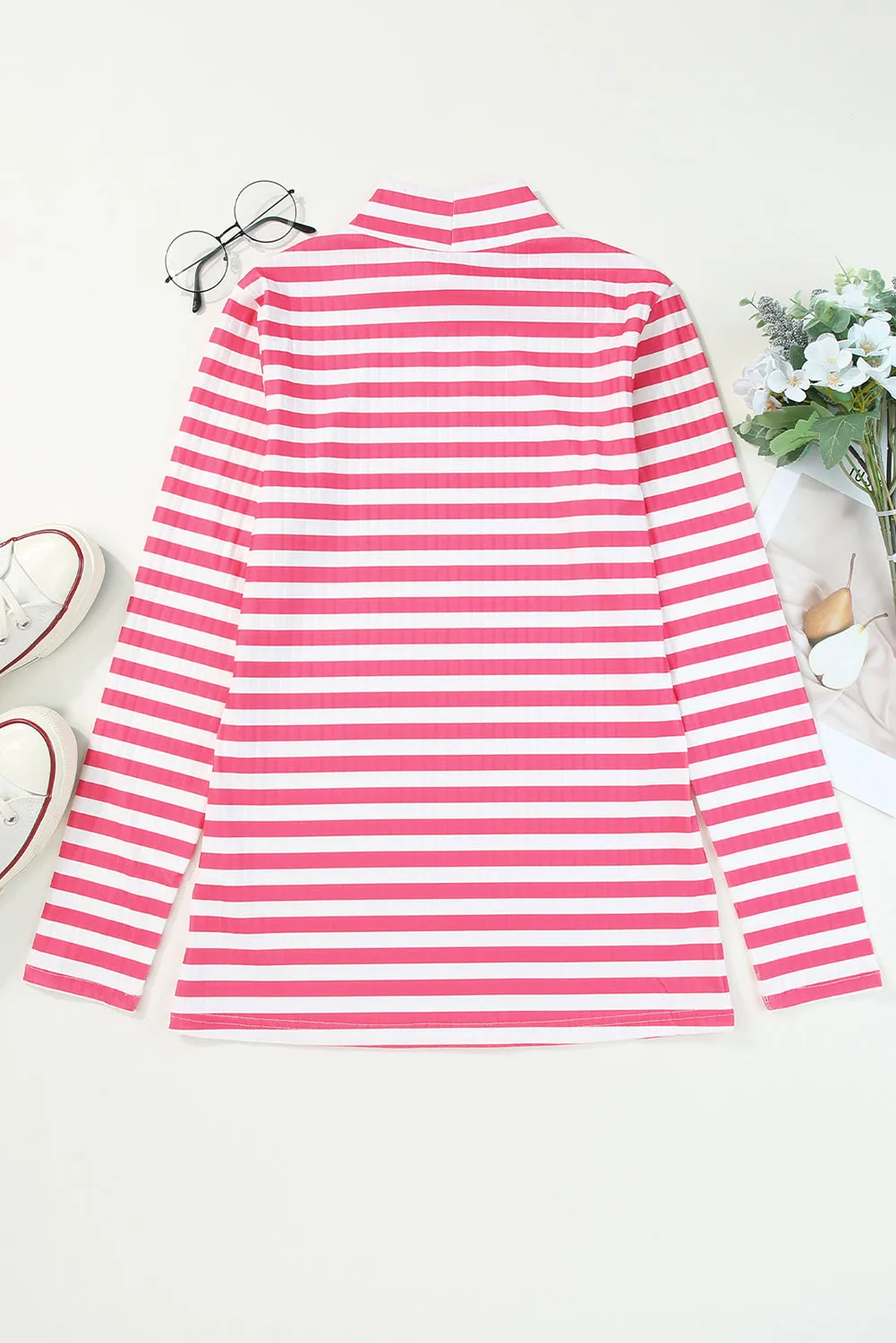 Striped Print Textured Knit Long Sleeve Tee