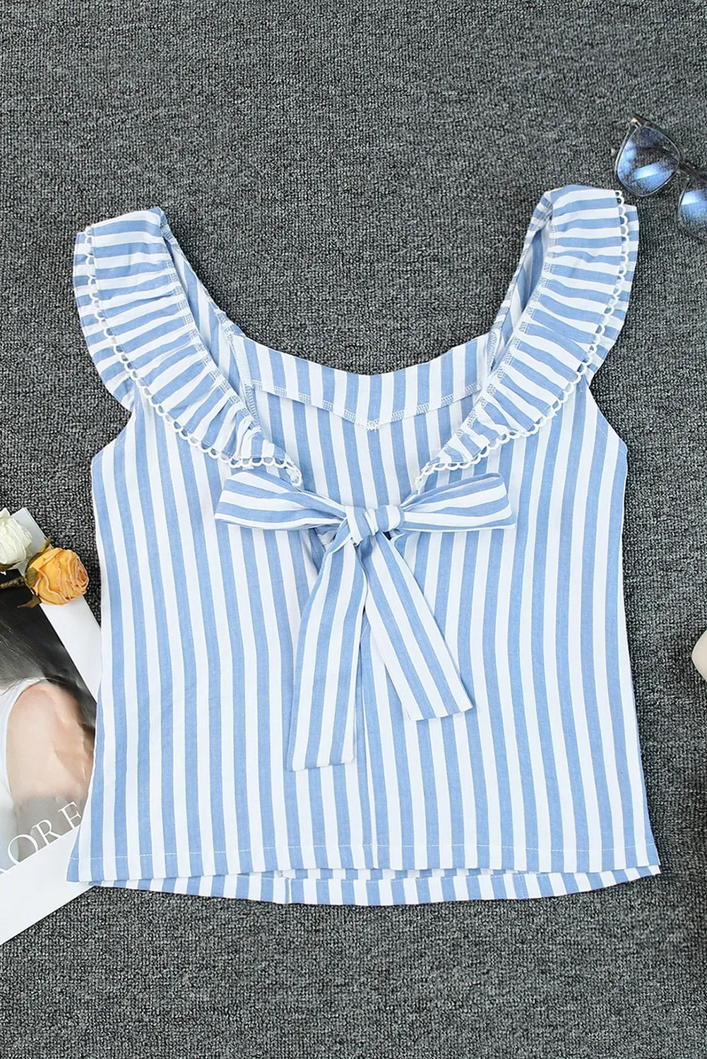 Striped Tie Back Ruffle Trim Tank Top